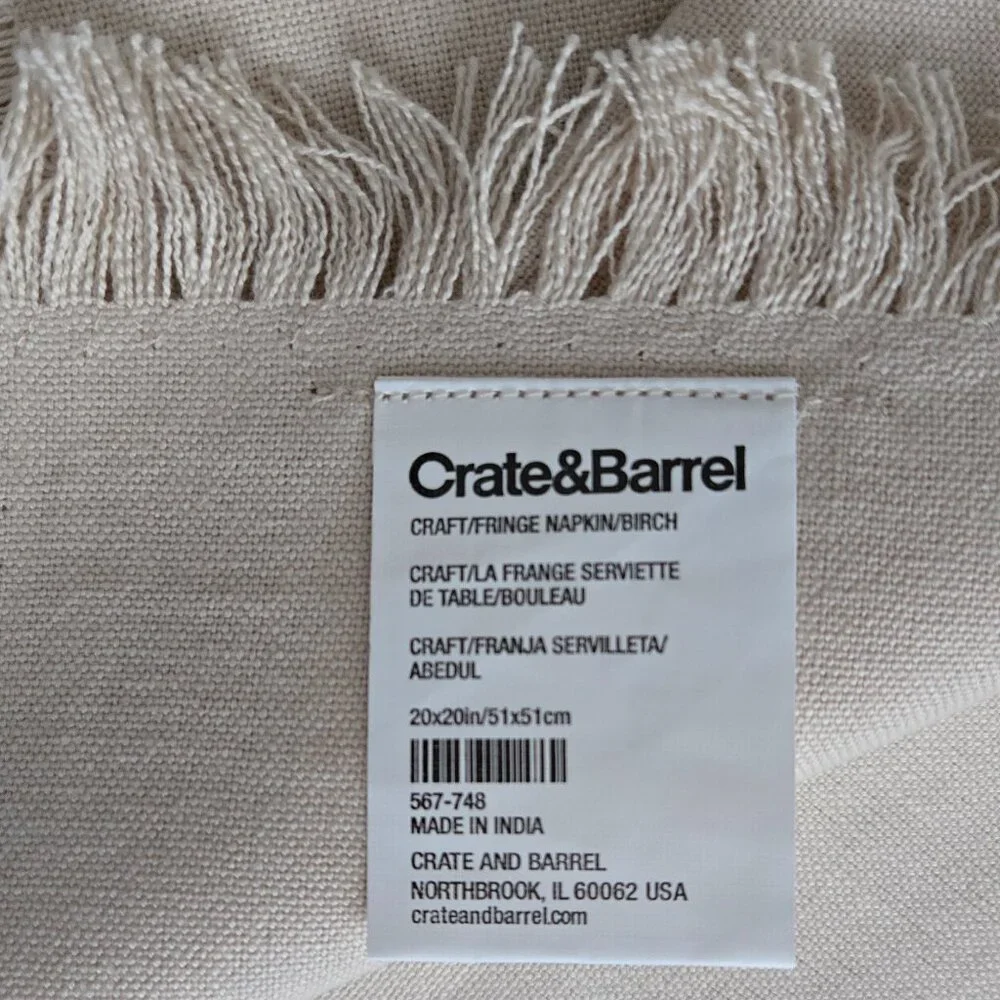 NEW Crate&Barrel Craft Birch Beige Organic Cotton Fringe Napkin, Set of 4